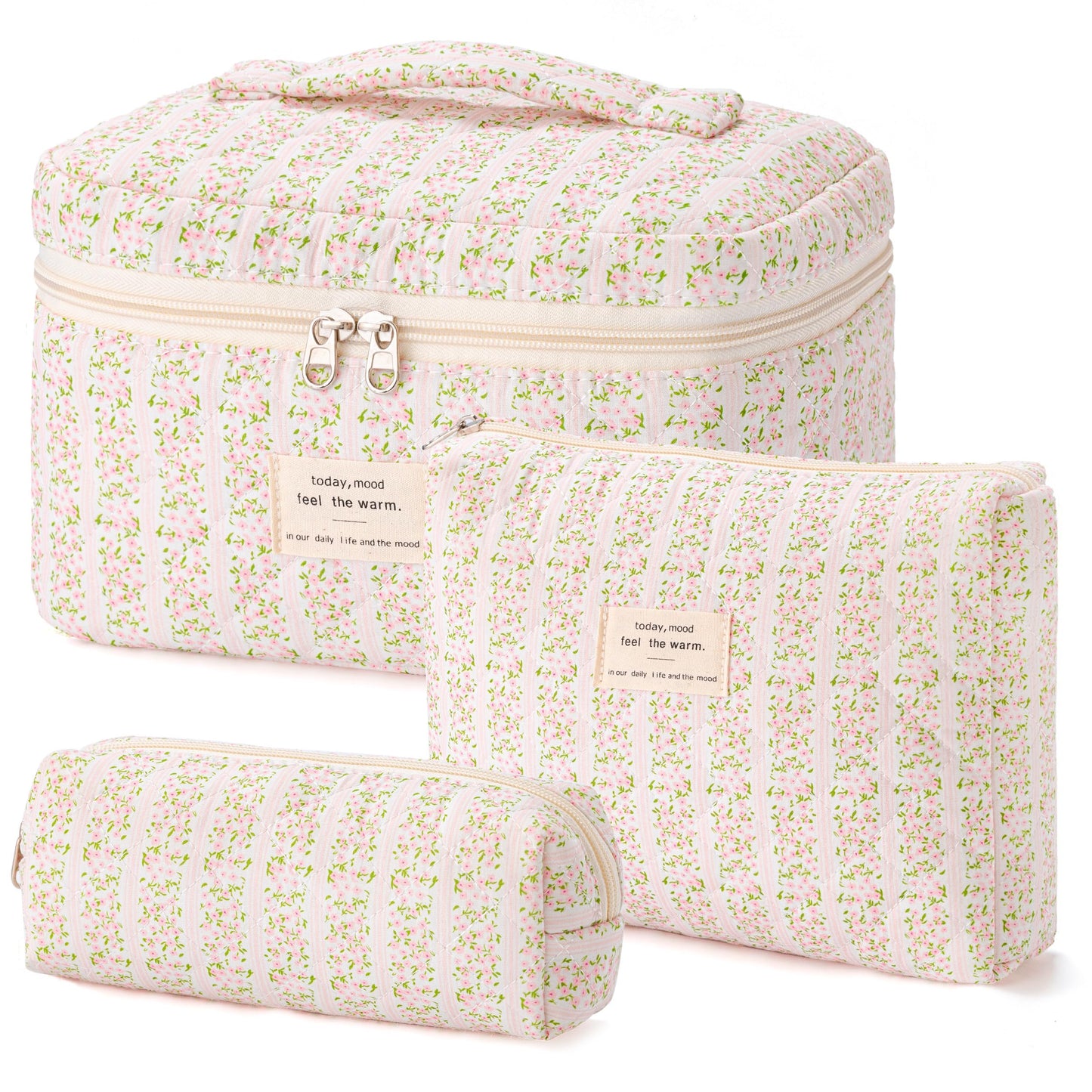 HBselect Quilted Makeup Bag, 3PCS Cotton Large Travel Makeup Bag, Cute Floral Coquette Make up Bag Cosmetic Bag Toiletry Bag for Women Girls