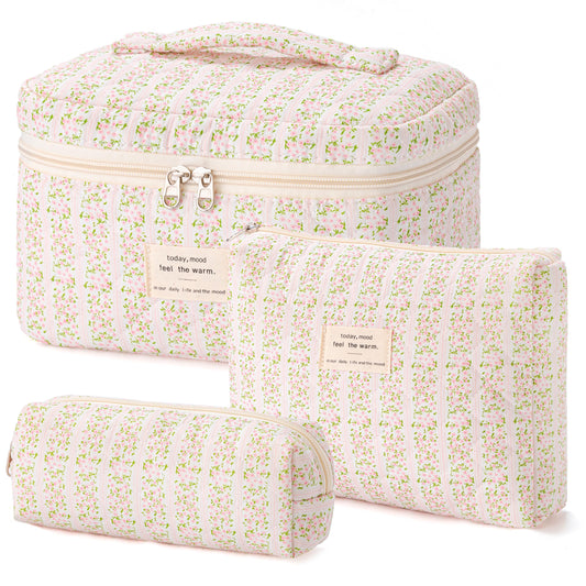 HBselect Quilted Makeup Bag, 3PCS Cotton Large Travel Makeup Bag, Cute Floral Coquette Make up Bag Cosmetic Bag Toiletry Bag for Women Girls
