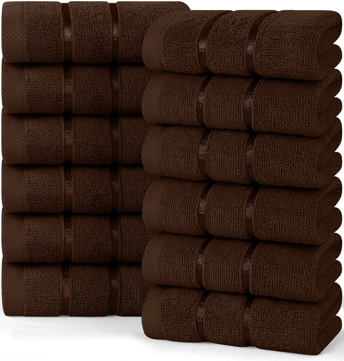 Utopia Towels, 12 Pack Viscose Luxury Wash Cloths Set, 12 by 12 Inches, 100% Cotton Ring Spun, Highly Absorbent and Soft Feel Essential Washcloths for Bathroom, Face Towel, Gym and Spa, Brown
