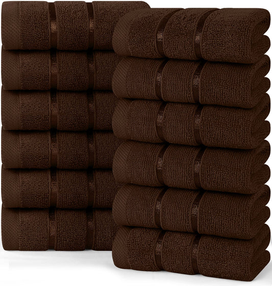 Utopia Towels, 12 Pack Viscose Luxury Wash Cloths Set, 12 by 12 Inches, 100% Cotton Ring Spun, Highly Absorbent and Soft Feel Essential Washcloths for Bathroom, Face Towel, Gym and Spa, Brown