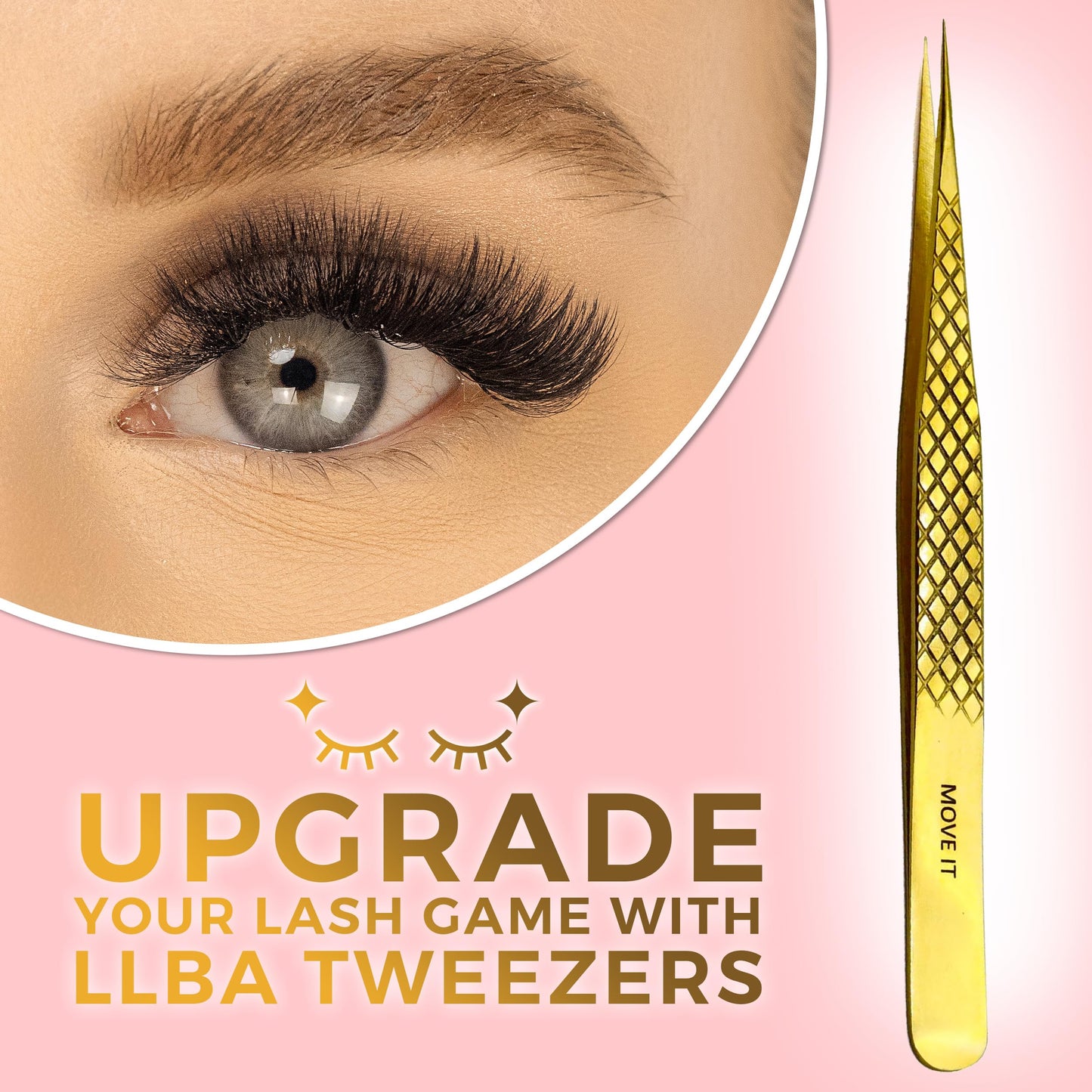 LLBA Lash Tweezer Professional Volume False Lash Application Tool | Multi Shapes & Purposes Tweezers | Non-Slip Grip Tweezers for Volume, Isolation & Classic Lashes (Gold, Move It Classic)