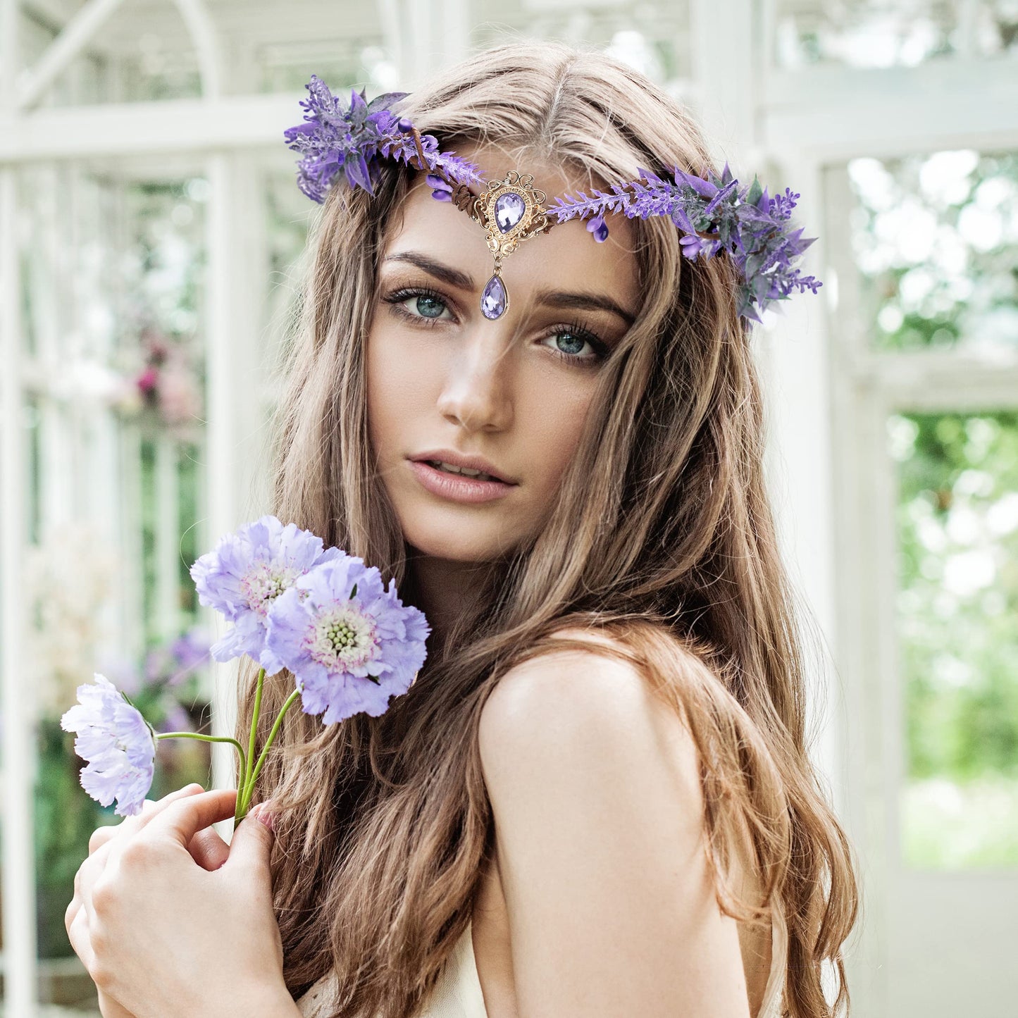 MOSTORY Fairy Flower Crown Elf Floral Headband Elven Crystal Headpiece Bohemian Circlet for Renaissance Halloween Christmas Cosplay Photoshoot Party