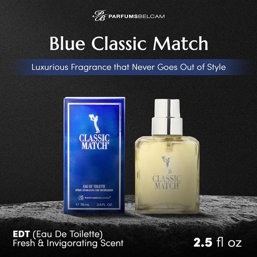 PB ParfumsBelcam Blue Classic Match Eau de Toilette Spray for Men - Modern Citrus Fougere Fragrance, 2.54 Fl Oz