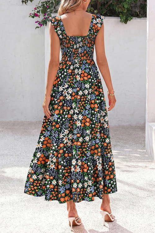 Dowerme Women's Floral Boho Midi Dress - Ruffle Sleeve, Square Neck, Perfect for Spring Beach Parties