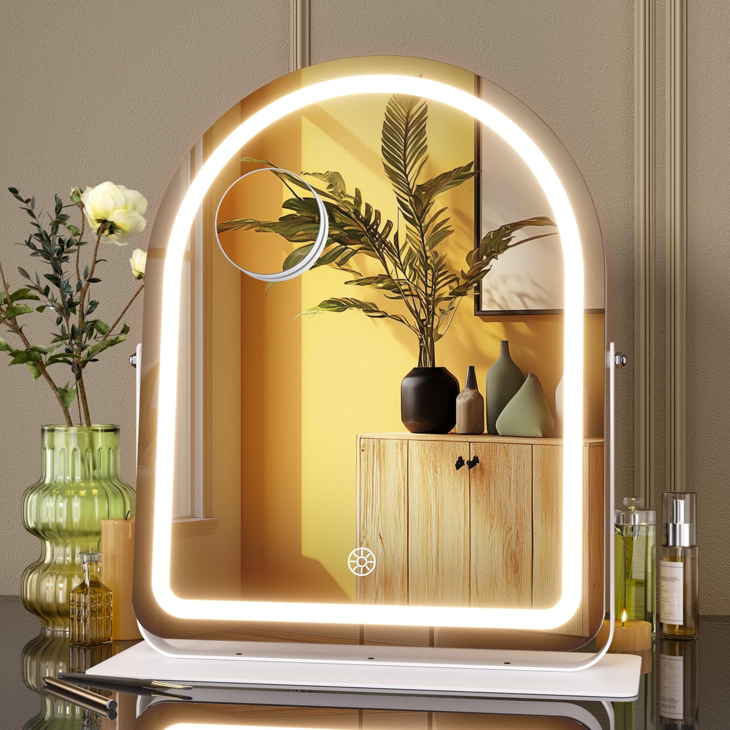Hasipu Vanity Mirror with Lights, 12"× 13.8" Arched LED Makeup Tabletop Mirror, Lighted Makeup Mirror with Lights, Smart Touch Control Dimmable 3 Modes Light 360°Rotation White