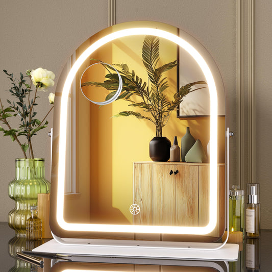 Hasipu Vanity Mirror with Lights, 12"× 13.8" Arched LED Makeup Tabletop Mirror, Lighted Makeup Mirror with Lights, Smart Touch Control Dimmable 3 Modes Light 360°Rotation White