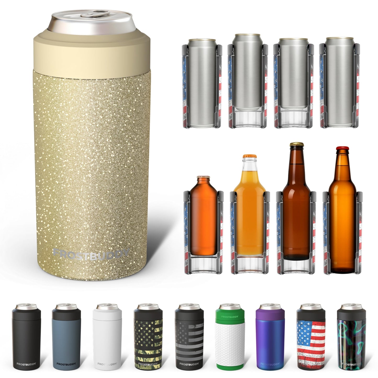 Frost Buddy Universal Buddy Can Cooler - Fits All - For Regular 12 & 16 oz or Slim-Size Bottles - Insulated Double -Walled Stainless Steel (All white)
