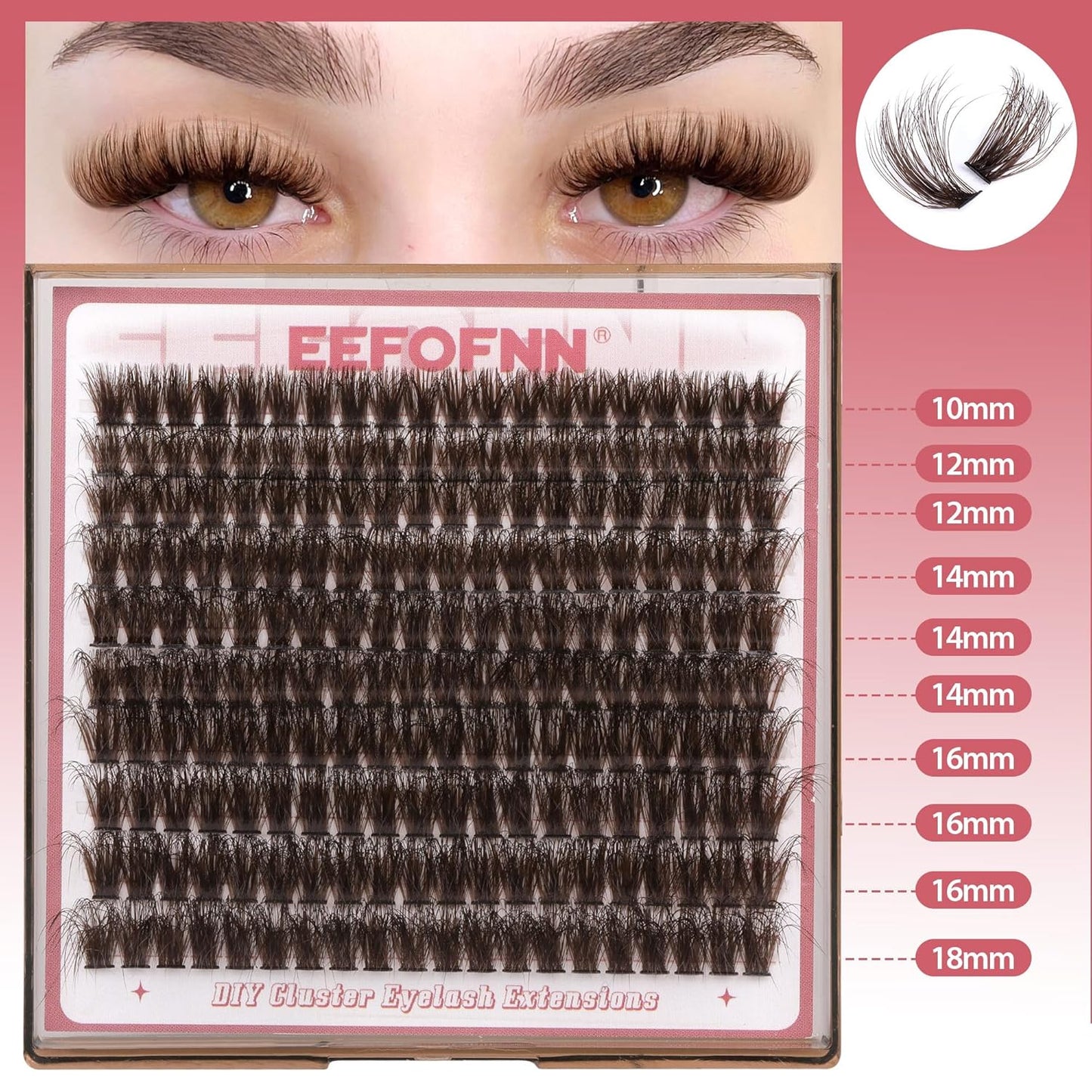 Eefofnn Brown Lash Clusters Natural Eyelash Extension Fluffy Brown Individual Lashes 10-18MM Wispy Cluster Eyelash Extensions 200 Pcs D Curl Brown Lash Extensions DIY at Home