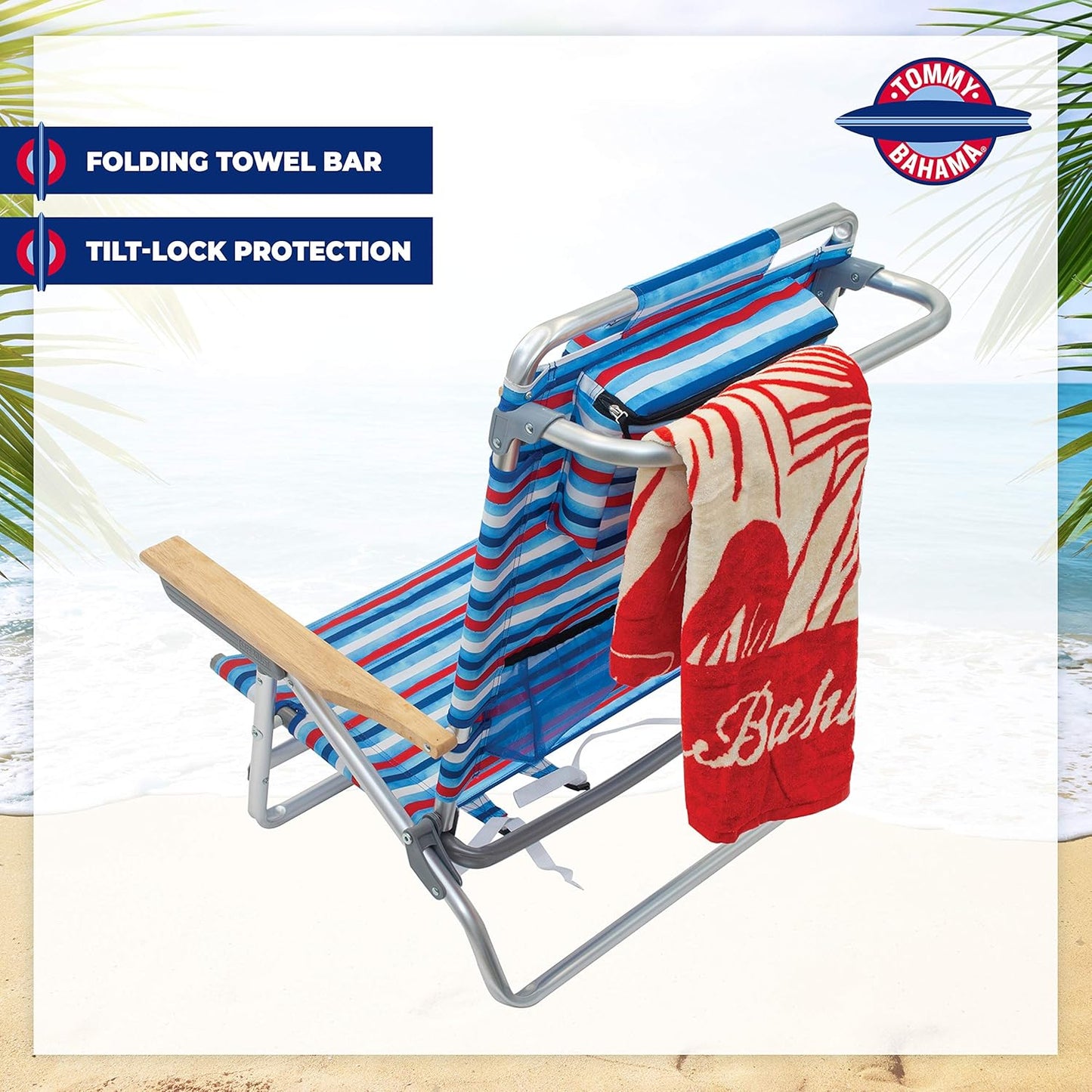 Tommy Bahama Folding Beach Chair - 5-Position Lay Flat Design | Aluminum Frame, Red, White & Blue Stripe