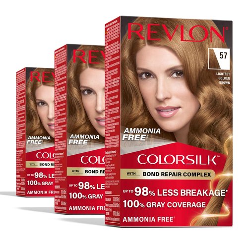 Revlon ColorSilk Brown Permanent Hair Color - 100% Gray Coverage, Ammonia Free, Vegan Keratin | 57 Lightest Golden Brown (Pack of 3)