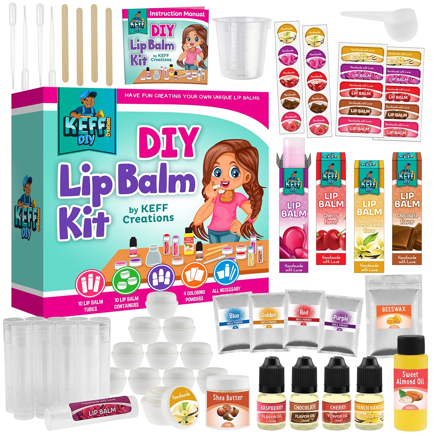KEFF 51Pcs Lip Balm Making Kit - DIY Lip Balm Set for Teens with Natural Ingredients - Make Your Own Lip Gloss & Lip Balm for Kids Makeup Kit with Beeswax, Shea Butter, Flavor Oils, Mica Color Powders