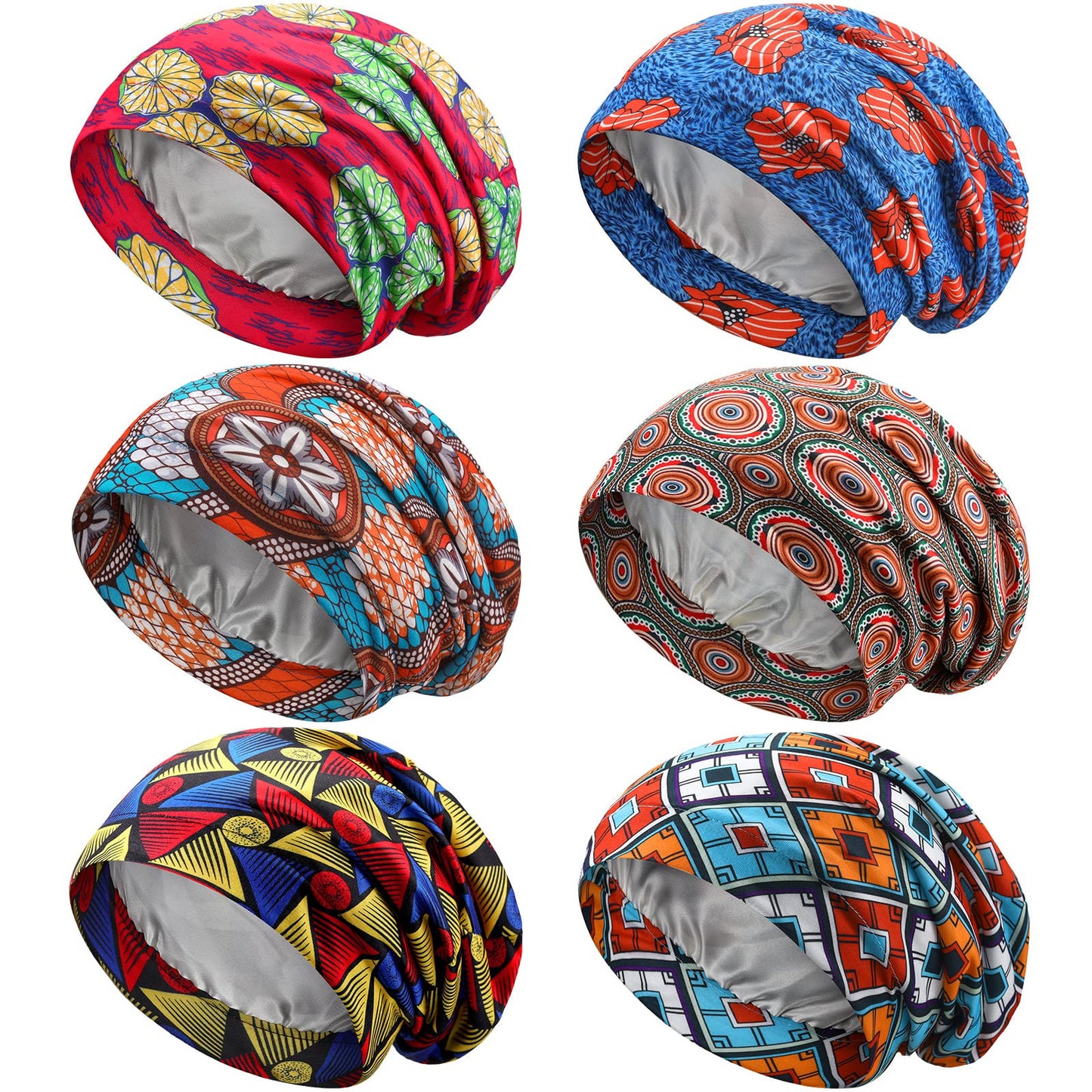Sintege 6 Pcs Satin Lined Bonnet Sleep Cap for Women Men African Silk Soft Beanie Hair Sleep Wrap for Natural Curly Braids(Vibrant Patterns)