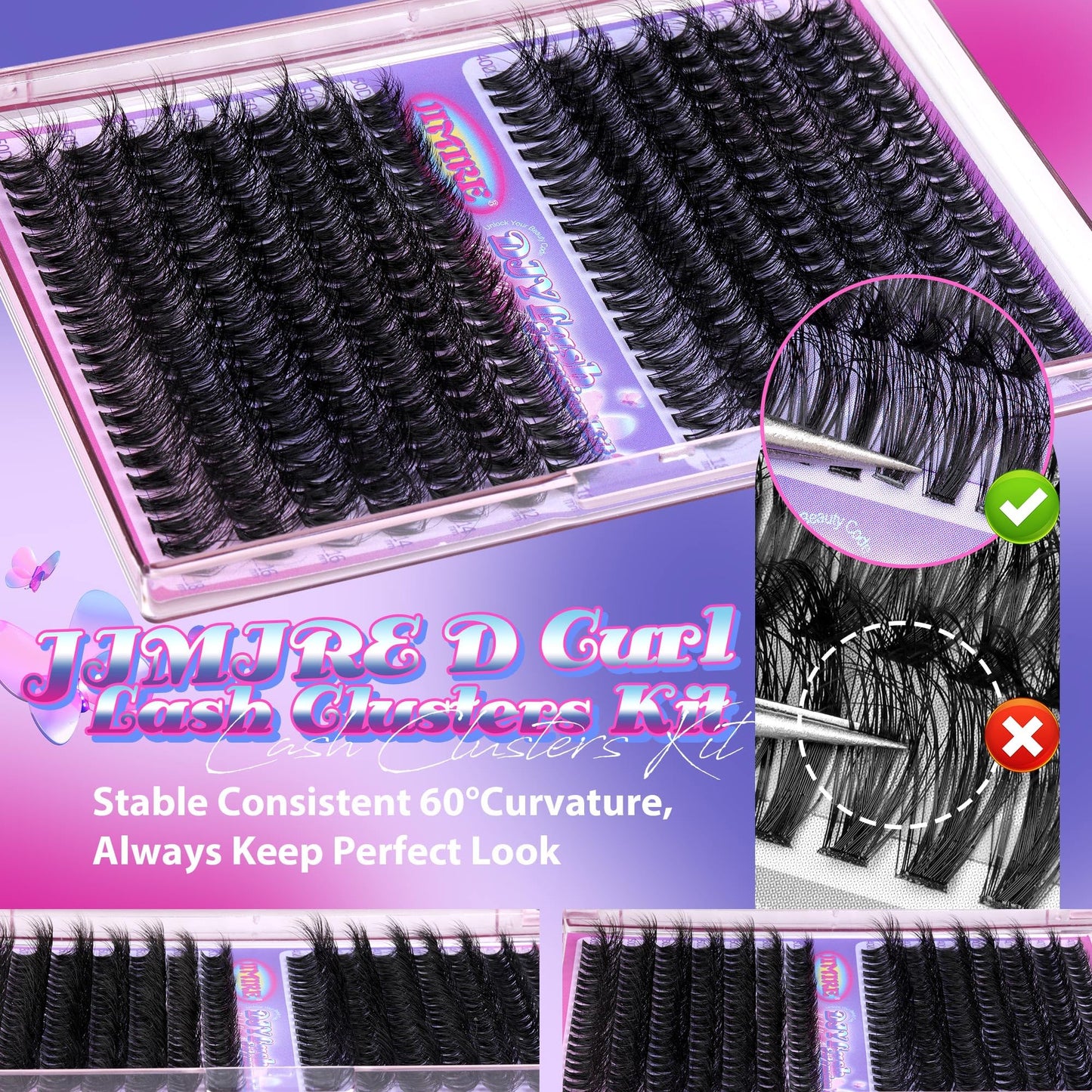 JIMIRE Fluffy Lash Clusters Kit 280Pcs Eyelash Extension Kit with Lash Bond and Seal D Curl 10-18MM Individual Lashes Wispy 40D+ 50D DIY Lash Clusters Eyelash Extensions at Home