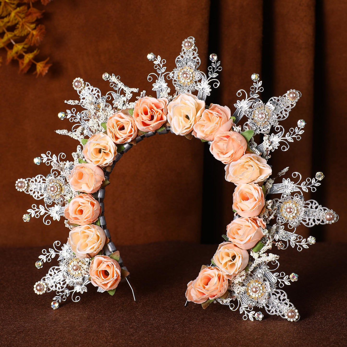COSUCOS Rose Halo Crown Headpiece - Handmade Renfaire Fantasy Floral Headband Greek Goddess Champagne Flower Tiara for Bride Cosplay Women Wedding Costume Renaissance Halloween