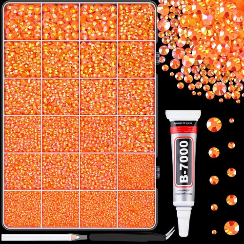 25000Pcs Resin Rhinestones for Crafting, Orange AB 2-6mm Mixed Sizes Non Hotfix Flatback Gems with 1Pcs Glue, Bedazzling Crystal for DIY Craft Clothing Mugs Tumblers Shoes Fabric Decor Nail Art