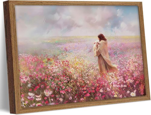 Framed Jesus and Lamb Canvas Wall Art - Jesus Saves Painting for Church & Home Decor | 12x16in