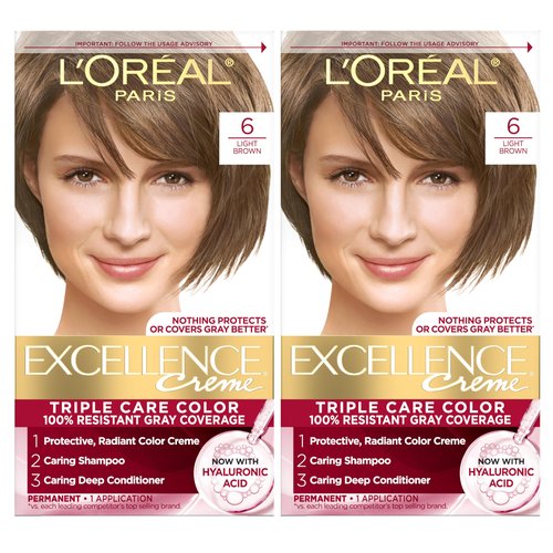 L'Oreal Paris Excellence Crème Permanent Hair Dye, Triple Care Hair Color with Hyaluronic Acid for 100% Gray Coverage, 6 Light Brown, 1 Kit (Pack of 2) (Packaging May Vary)