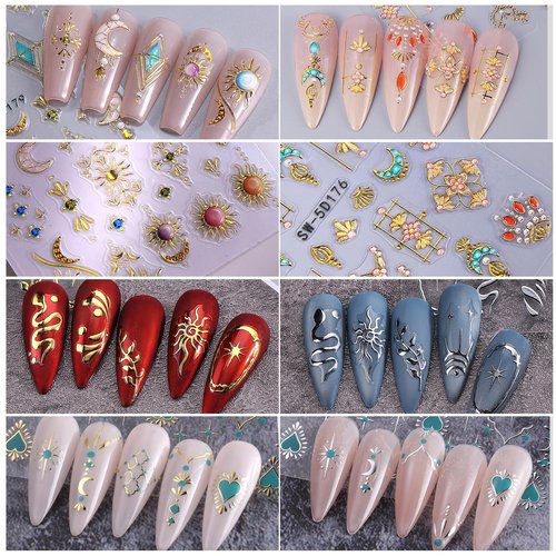 Sun Nail Stickers Decals 9 Sheets Bohemian Style Nail Art Stickers 5D/3D Embossed Self Adhesive Moon Star Heart Flame DIY Metallic Designs Gothic Decoration Supplies Nail Accessories for Women