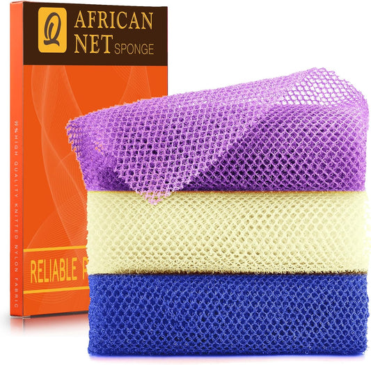 UJFQBH African Bath Sponge Set - Exfoliating Shower Body Scrubber | 3 Pieces in Purple, Blue, Off-White