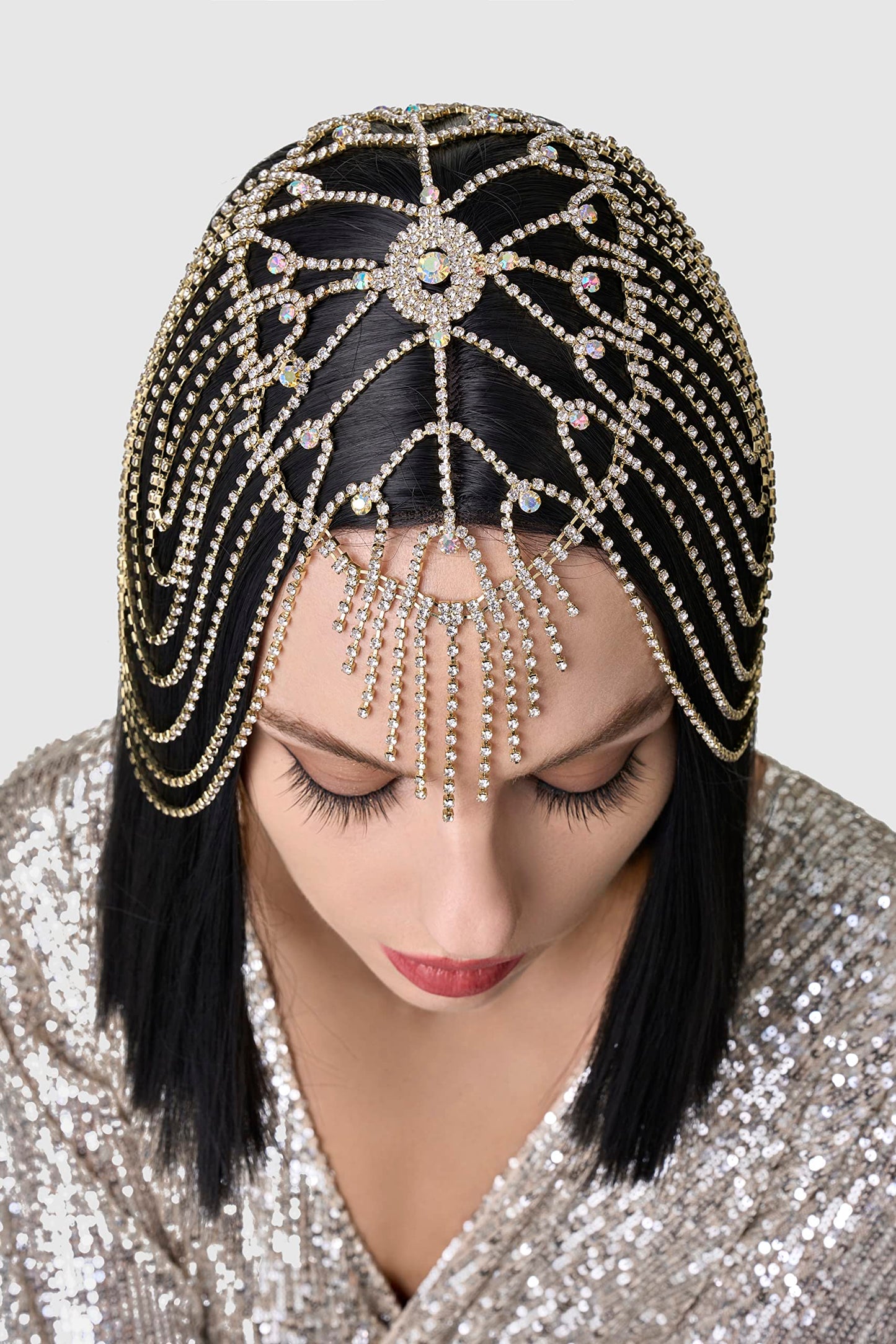 BABEYOND Vintage Style Roaring 20s Crystal Rhinestone Flapper Cap Headpiece Head Jewelry Chains (Gold)