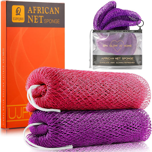 UJFQBH Exfoliating Body Scrubber - 2-Piece African Net Sponge Set for Deep Cleansing & Dead Skin Removal | Pink & Purple