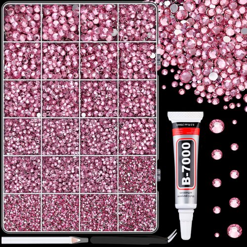 25000Pcs Resin Rhinestones for Crafting, Dark Pink 2-6mm Mixed Sizes Non Hotfix Flatback Gems with 1Pcs Glue, Bedazzling Crystal for DIY Craft Clothing Mugs Tumblers Shoes Fabric Decor Nail Art
