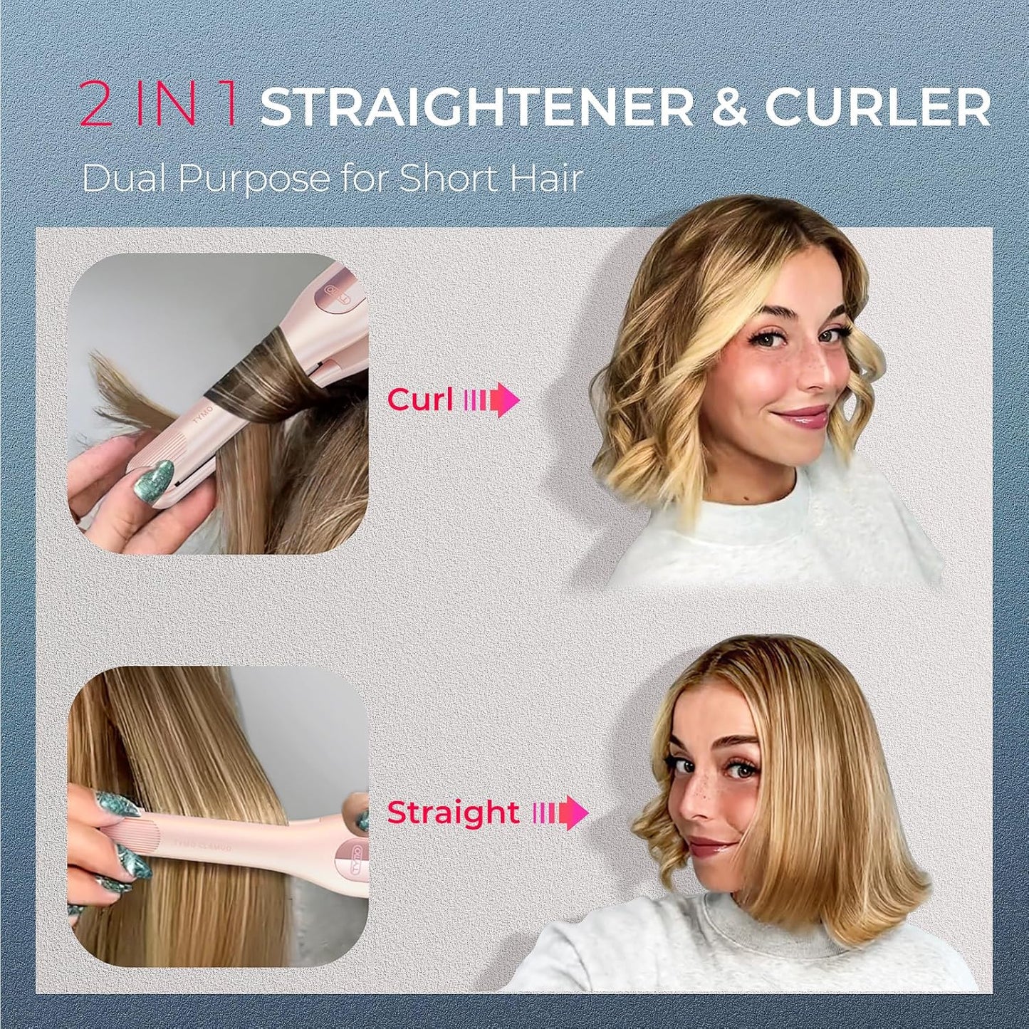 TYMO Curling Iron - Cordless Mini Flat Iron for Short Hair | 2-in-1 Curler & Straightener, Gold Pink