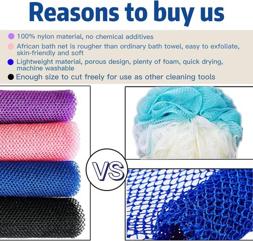 African Exfoliating Net | 4-Piece Nylon Bath Sponge Set for Deep Cleansing and Exfoliation