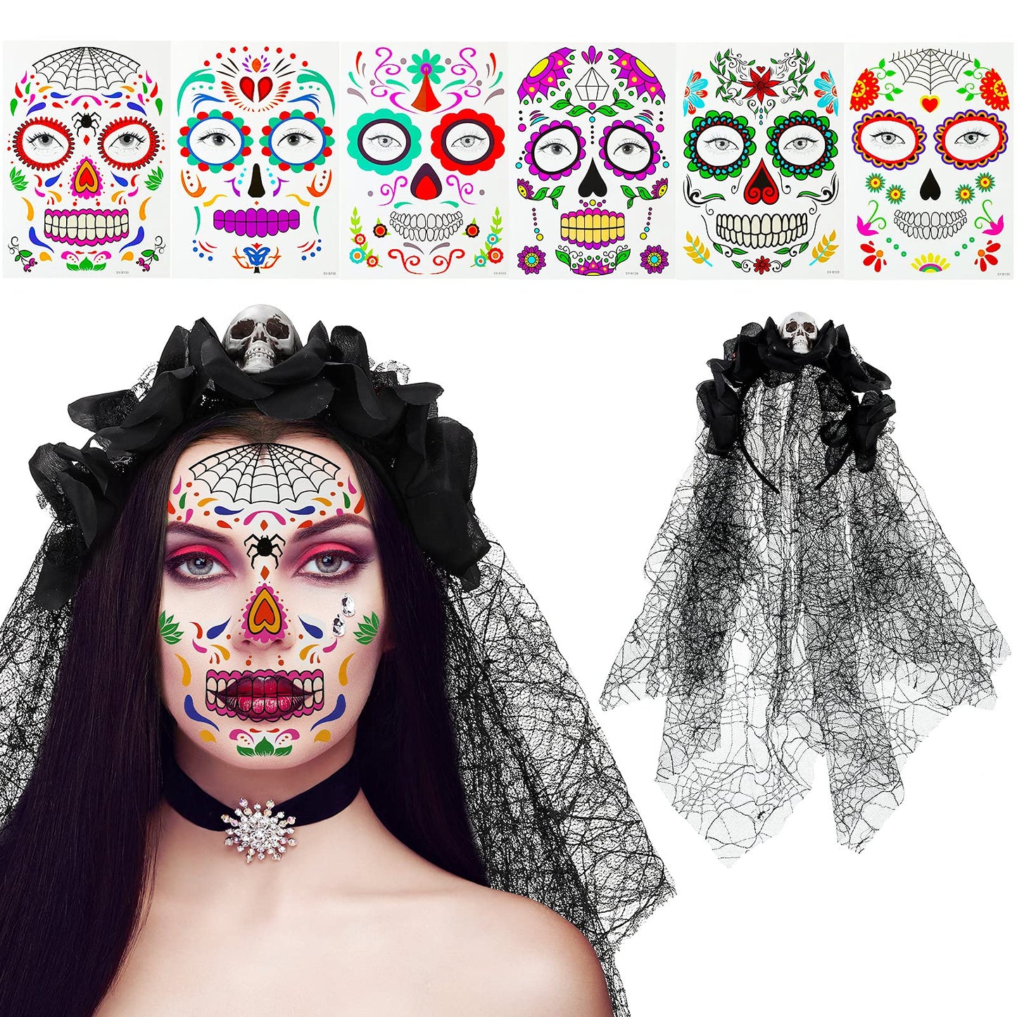 WILLBOND Day of The Dead Headband Halloween Mexican Veil Spider Headband with Halloween Face Tattoo Temporary Face Sticker (Elegant Style)