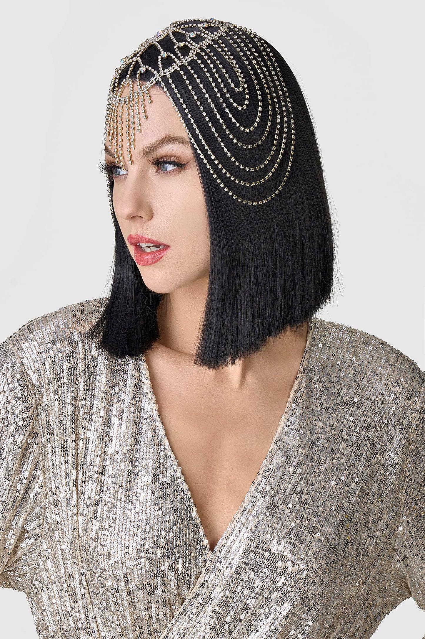 BABEYOND Vintage Style Roaring 20s Crystal Rhinestone Flapper Cap Headpiece Head Jewelry Chains (Gold)