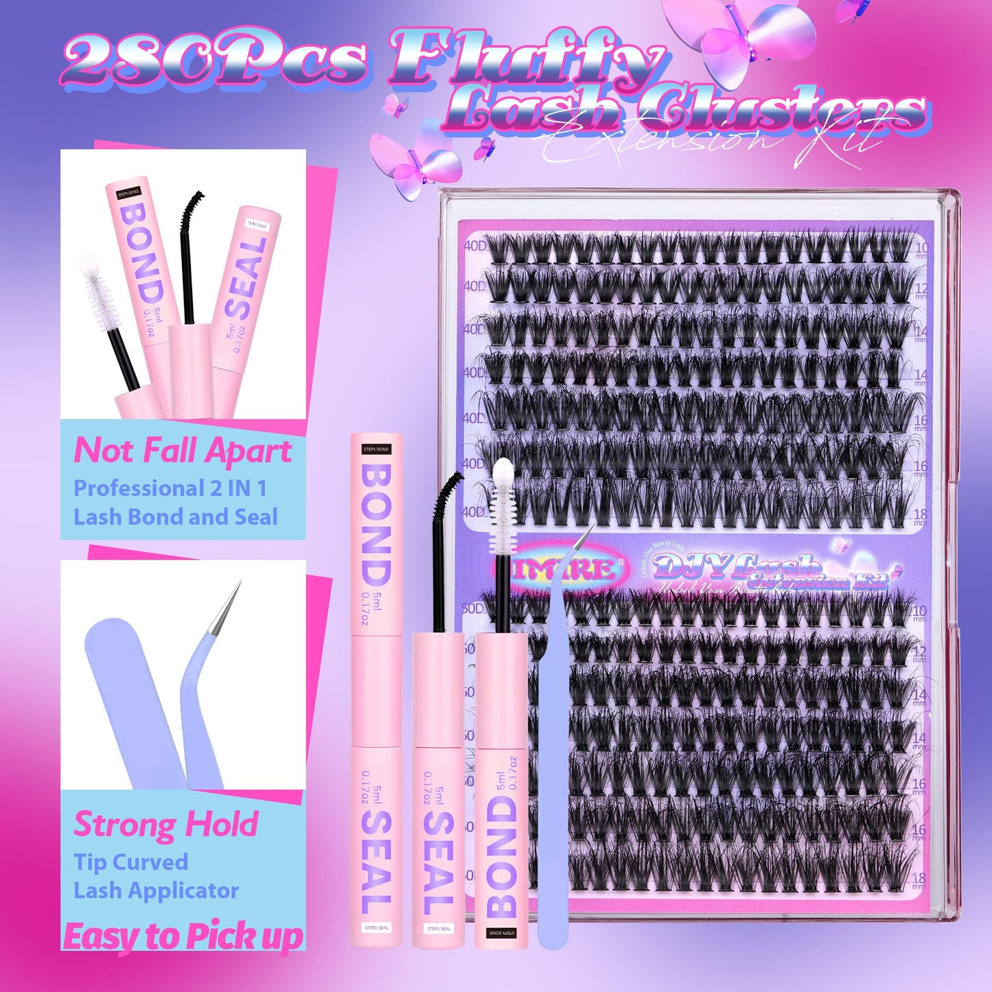 JIMIRE Fluffy Lash Clusters Kit 280Pcs Eyelash Extension Kit with Lash Bond and Seal D Curl 10-18MM Individual Lashes Wispy 40D+ 50D DIY Lash Clusters Eyelash Extensions at Home