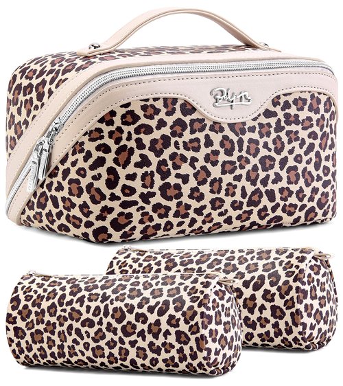 BOYATU Travel Makeup Bags for Women: 3 Pcs Set Large Capacity Leopard Print Leather Cosmetic Bag with Compartments - Open Flat Waterproof Toiletry Skincare Bag Portable Make up Case (02-Beige)