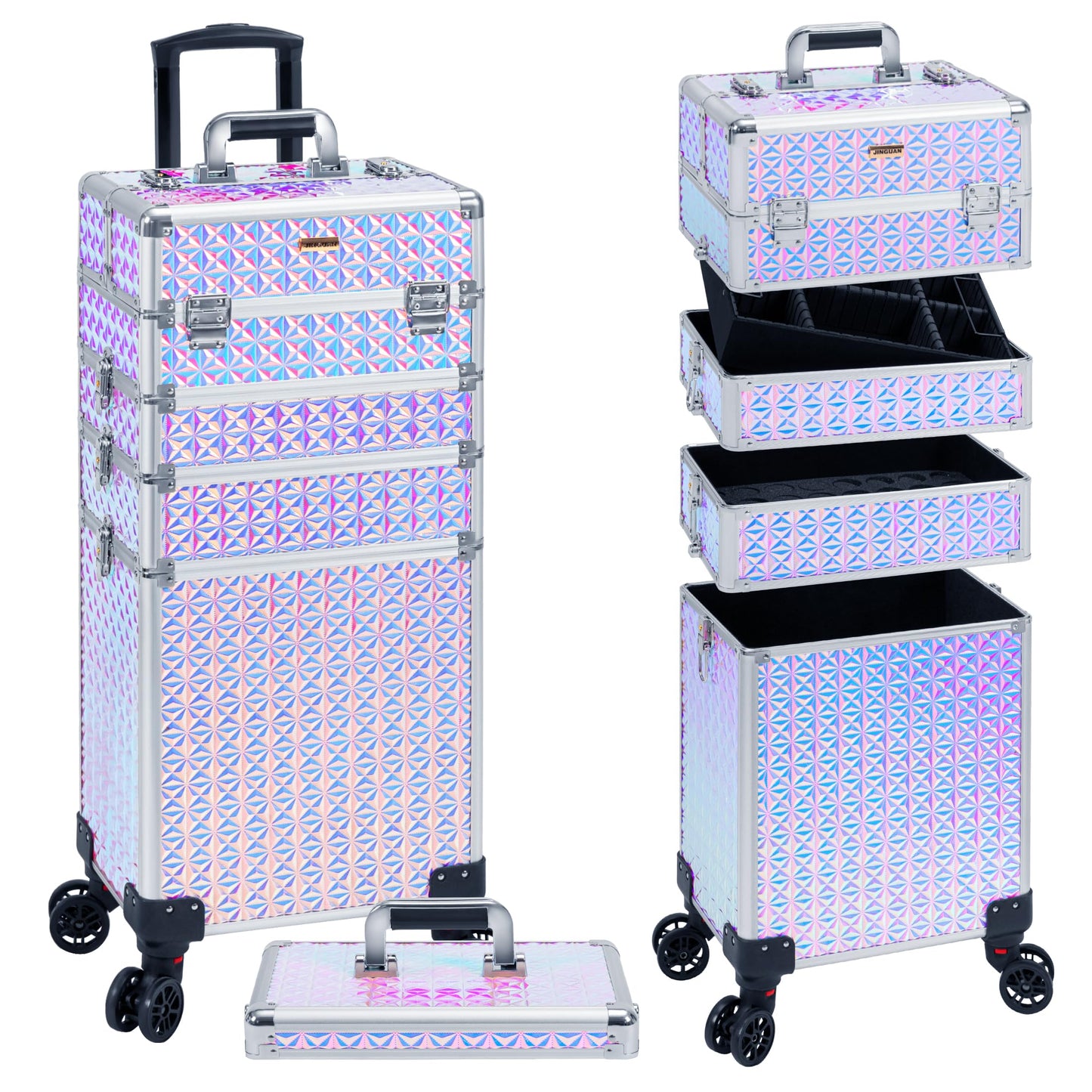 JINGUAN Rolling Makeup Train Case Large Storage Cosmetic Trolley 5 in 1 Large Capacity Trolley Makeup Travel Case with Key Swivel Wheels Salon Barber Case Traveling Cart Trunk, Silver