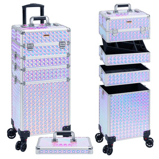 JINGUAN Rolling Makeup Train Case Large Storage Cosmetic Trolley 5 in 1 Large Capacity Trolley Makeup Travel Case with Key Swivel Wheels Salon Barber Case Traveling Cart Trunk, Silver