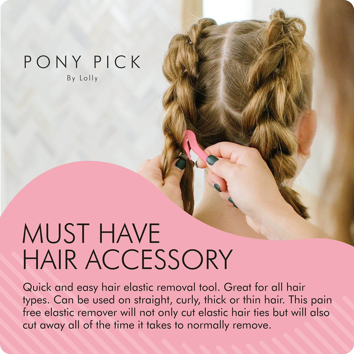 THE PONY PICK Hair Elastic Rubber Bands Cutter - Easy To Use, Pain-Free, No Hair Damage - Ponytail Tool for Kids & Toddlers (3 Packs & 50 Brown Elastics)