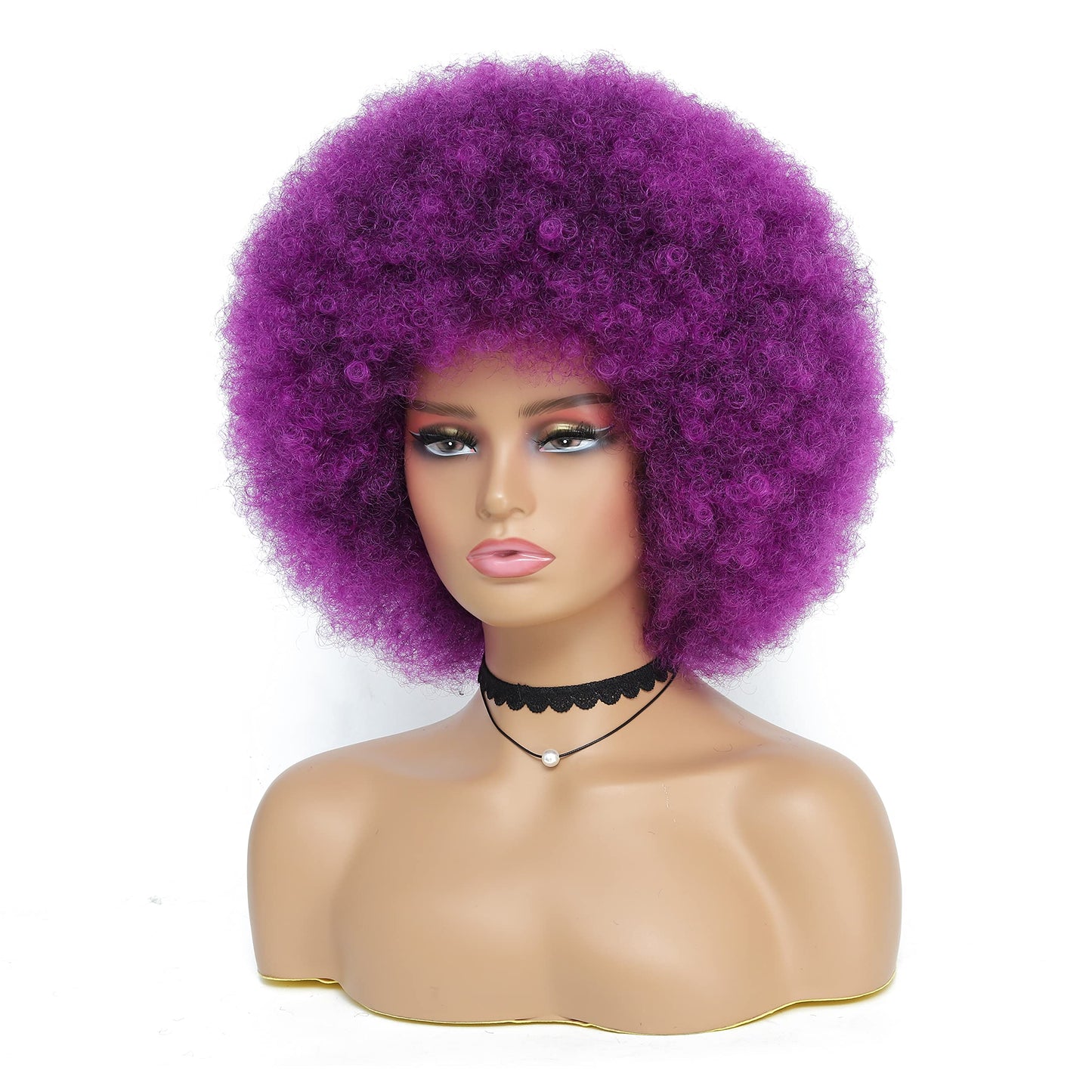 JSDshine 70s Afro Kinky Curly Wig For Women, Purple, Synthetic Fibers, Soft, Bouncy, Natural Looking, With Bangs