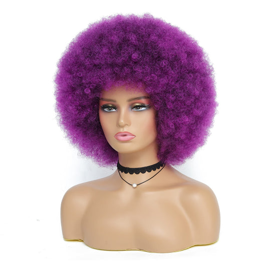 JSDshine 70s Afro Kinky Curly Wig For Women, Purple, Synthetic Fibers, Soft, Bouncy, Natural Looking, With Bangs