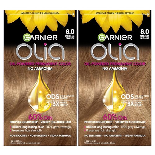 Garnier Olia Hair Color - Ammonia-Free Permanent Dye for 100% Gray Coverage | 8.0 Medium Blonde, 2 Count