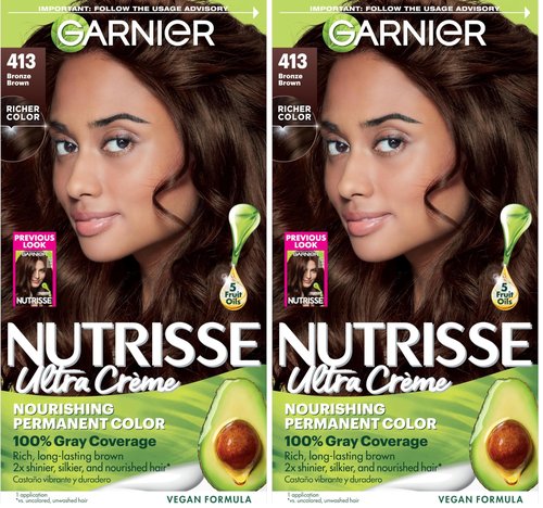 Garnier Nutrisse Ultra Crème Hair Color, Permanent Hair Dye with 100% Gray Coverage, Vegan & Cruelty-Free, 413 Bronze Brown (Bronze Sugar), 2 Count