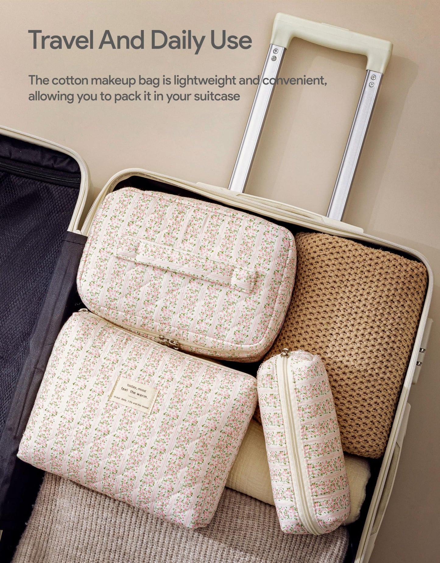 HBselect Quilted Makeup Bag, 3PCS Cotton Large Travel Makeup Bag, Cute Floral Coquette Make up Bag Cosmetic Bag Toiletry Bag for Women Girls