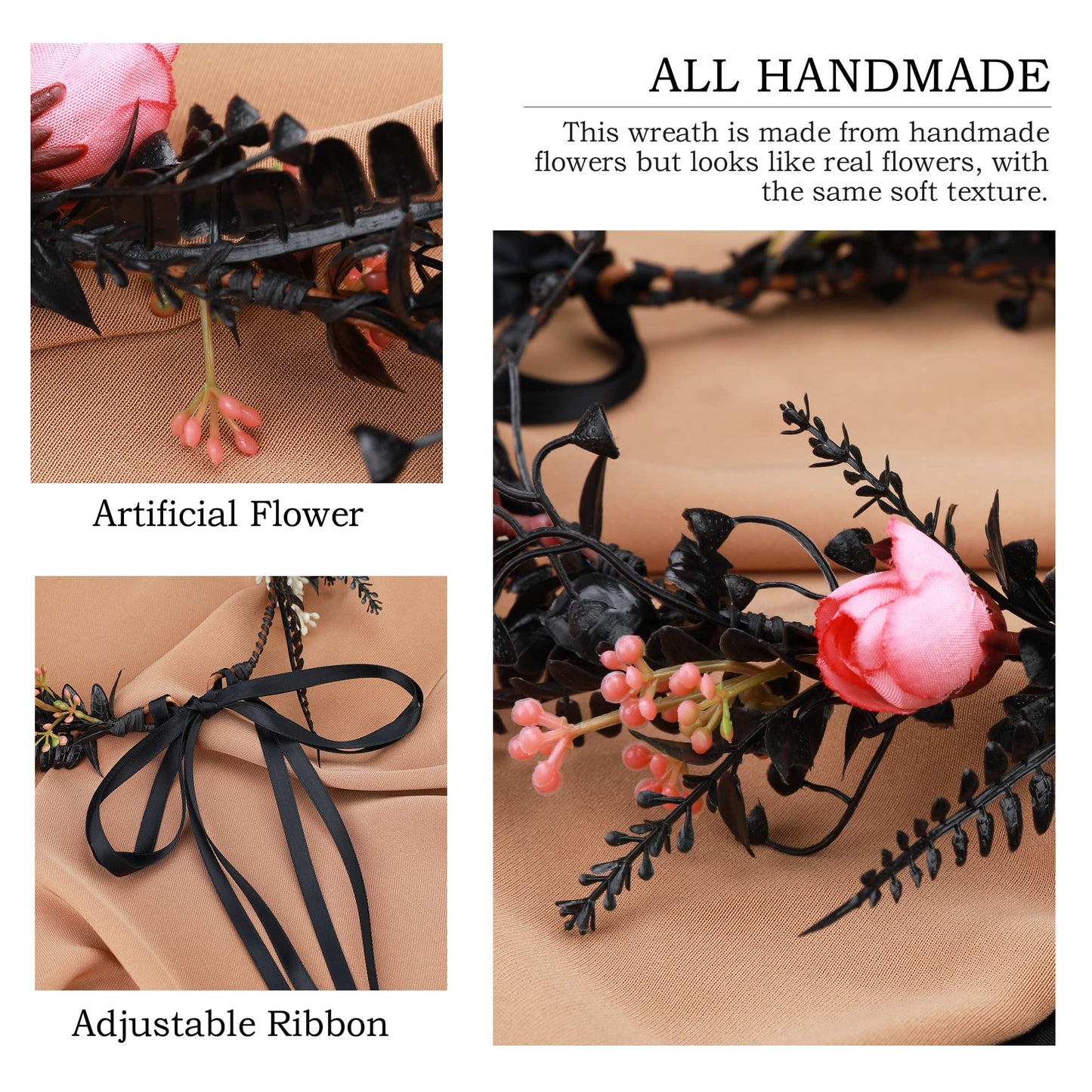 MOSTORY Handmade Black Flower Crown - Dark Floral Headband Elf Wreath Fairy Circlet for Women Girls Renaissance Halloween Cosplay Accessory