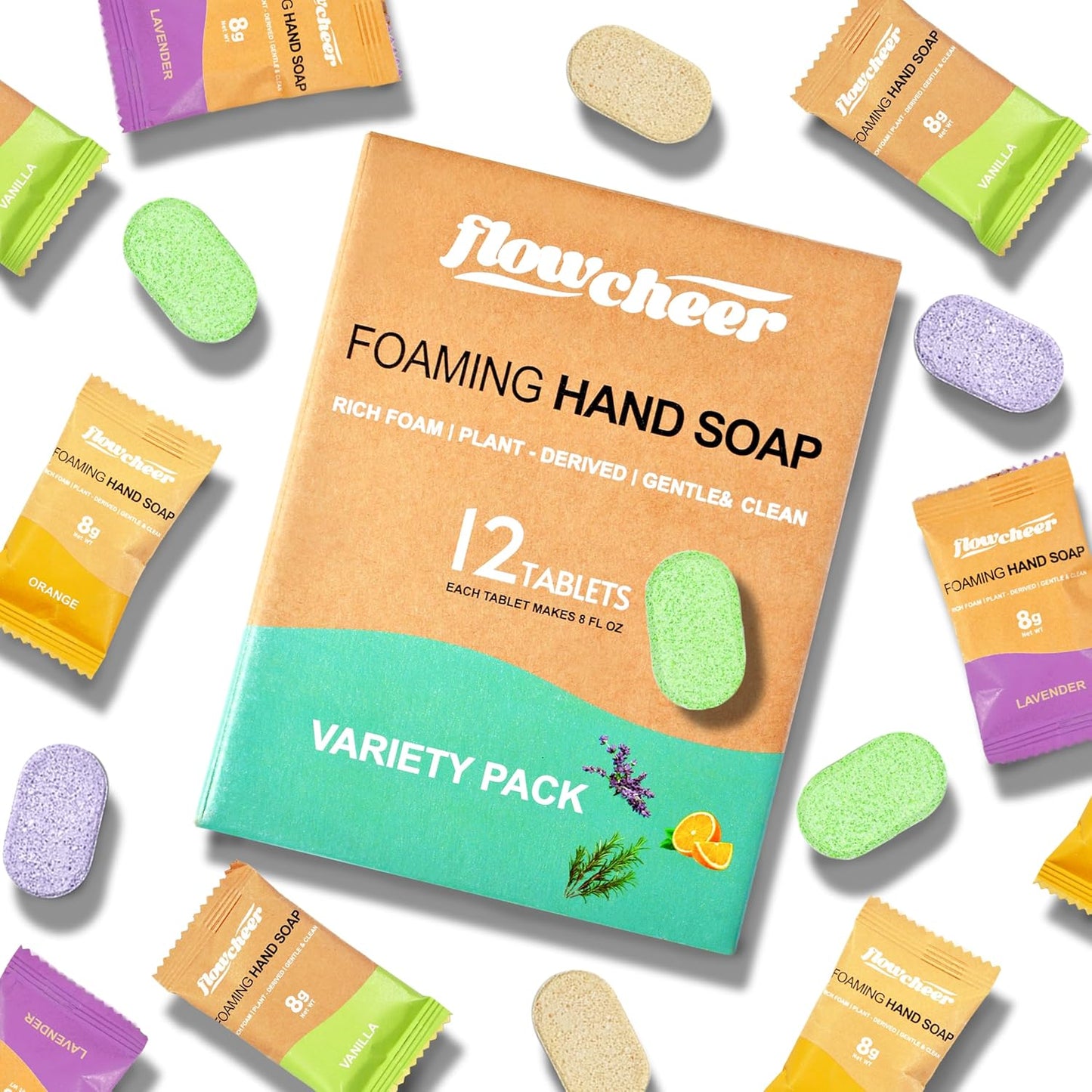 Flowcheer Foaming Hand Soap Tablets - Eco-Friendly Refills, 12 Pack, Plant-Based Natural Scents | Works with Any Dispenser
