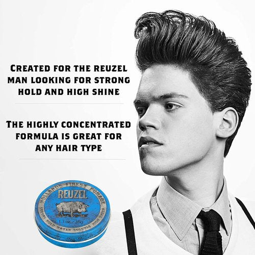 Reuzel Blue Pomade - Strong Hold Water Soluble Styling Cream | High Shine & Flake Free, Easy Wash Out