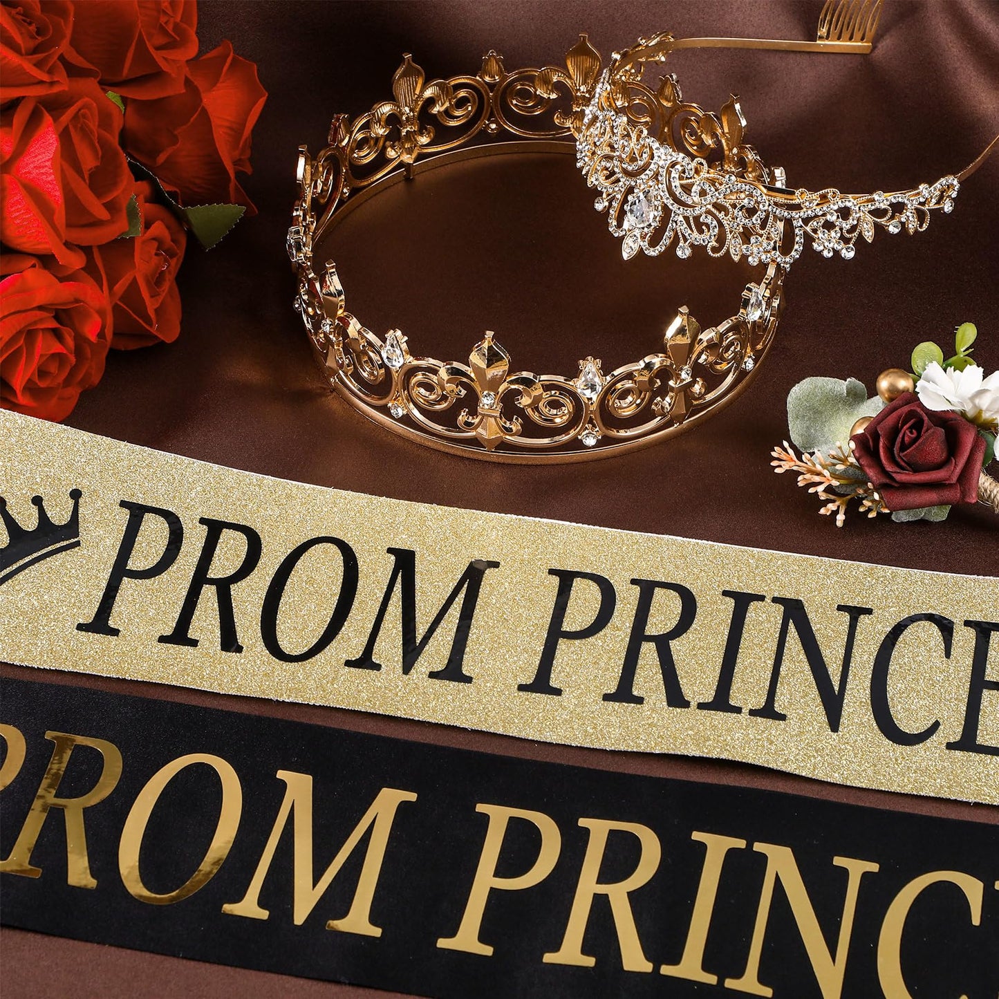 Saintrygo Prince and Princess Crowns Prom Court Sashes Prom Party Favors 80s Prom Tiara Shiny Satin Cosplay for Graduation (Retro Style)