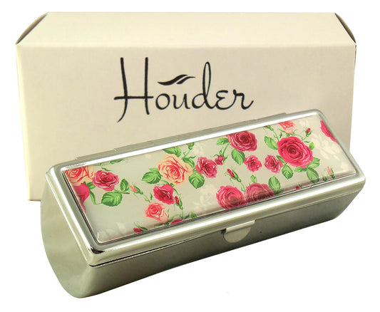 Houder Designer Lipstick Case with Mirror for Purse - Decorative Lipstick Holder with Gift Box - Velvet Lined - Protect Your Lipsticks in Style (Red Roses)