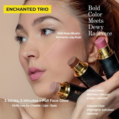 Phoenix Beauty Cream Contour Stick Set - Blush, Bronzer & Highlighter Trio | Hydrating, Buildable Formula with Shea Butter & Vitamin E