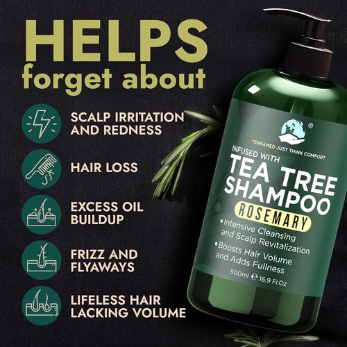 Rosemary Shampoo and Conditioner Set - Tea Tree & Rosemary Oils for Scalp Relief | Sulfate-Free, Boosts Shine + Free Scalp Brush | 16.9 fl oz