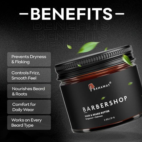 BAHAWAT Hair & Beard Butter for Men - Leave-In Conditioner with Barbershop Scent - Strengthens & Softens - 2 oz.