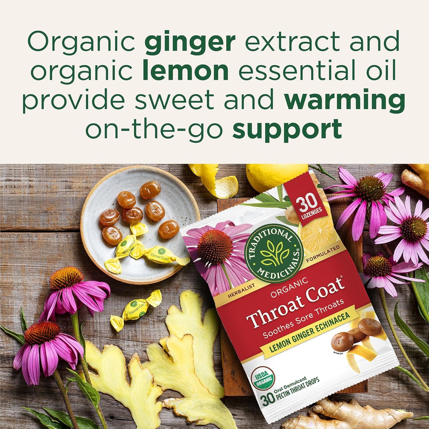 Traditional Medicinals Organic Throat Coat Lozenges - Lemon Ginger Echinacea for Sore Throat Relief | 30 Individually Wrapped