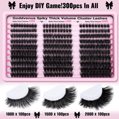 Goddvenus Fluffy Lash Clusters 100-150-200D Volume Eyelash Clusters 10-16mm Wispy Individual Lashes D Curl Cluster Eyelash Extensions 300pcs DIY Lash Extensions(D Curl 300pcs)